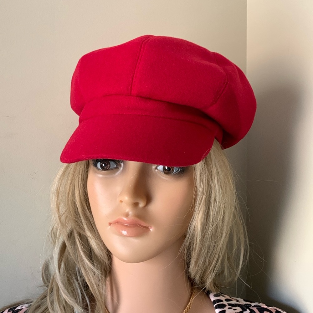 🔥💋Red Wool Blend Poofy Cabbie Hat w/Adjustable Ribbon 55-58cm EUC